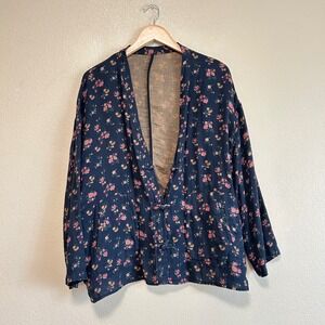 Ding Gu Navy Floral 100% Hemp Frog Button Kimono Size M Jacket Cottage Boho Rose